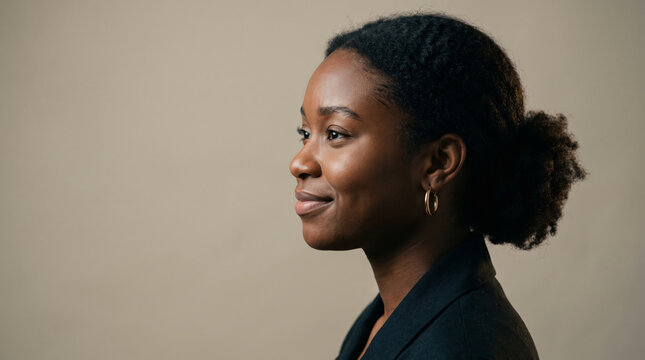 Portrait of a young Black woman in profile wearing a blazer and hoop earrings