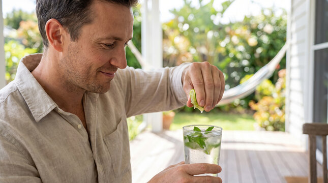 Man squeezing lime into refreshing drink on sunny porch with hammock