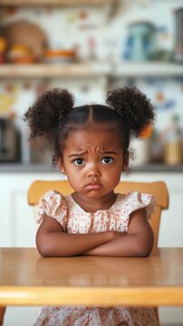 Little Girl with Curly Pigtails and a Pouty Expression Sitting at a Table