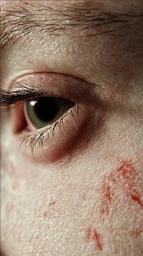 Extreme close-up of skin with red marks and a closed eye