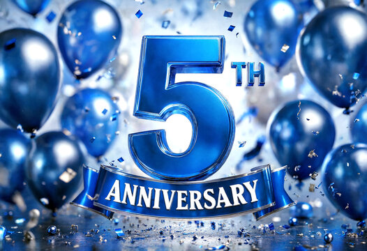Celebrate a stunning fifth anniversary with blue balloons and confetti in festive style