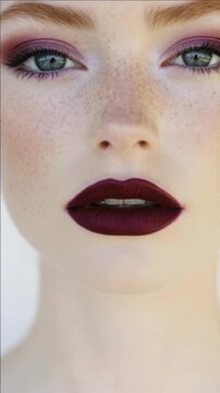 Close-up of a woman's face with freckles and burgundy lipstick