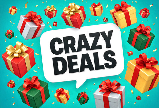 Colorful gift boxes with ribbons and confetti surrounding a crazy deals speech bubble announcement