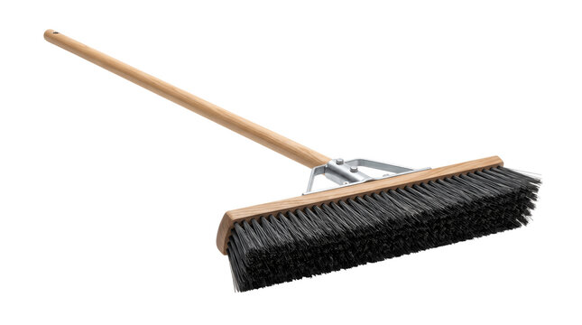 Industrial push broom with wooden handle, heavy duty floor sweep brush, professional cleaning tool on white background
