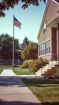 American Flag Flying in Front of a Brick Building