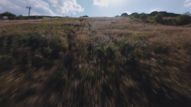 Dynamic low altitude FPV drone footage gliding over grassy mountain slopes and rocky cliffs at Babin Zub peak on Stara Planina, Serbia. Cinematic aerial view of alpine landscape, ski lift infrastructu