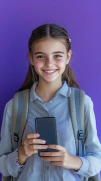 Smiling teenage girl with backpack holding a smartphone against a purple background
