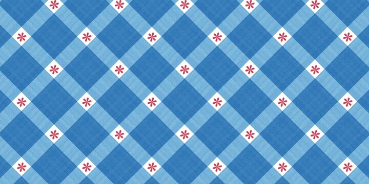 Seamless diagonal blue gingham fabric pattern featuring tiny, repeating red flower motifs at the intersections, set against a light blue and dark blue plaid background. Textural and cute, ideal for te