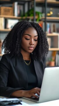 Young African American Woman Focusing on Laptop in Library