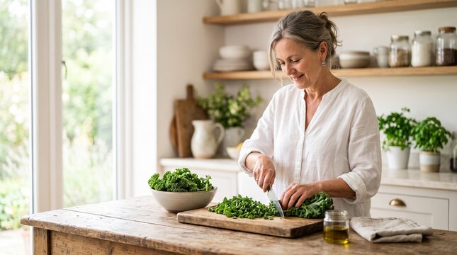 Mature woman happily chopping fresh kale in a bright kitchen celebrating World Vegan Day