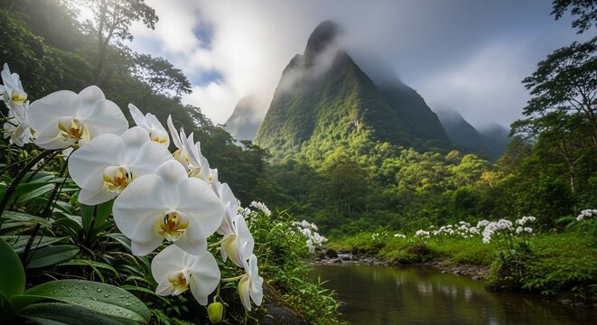 White orchids mountain landscape