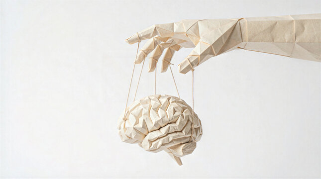 Papercraft hand controlling origami human brain like puppet on strings