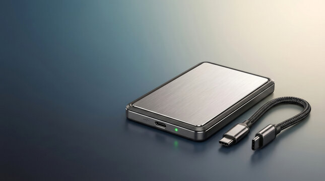 Modern portable external solid state drive with USB-C cable on a gradient background
