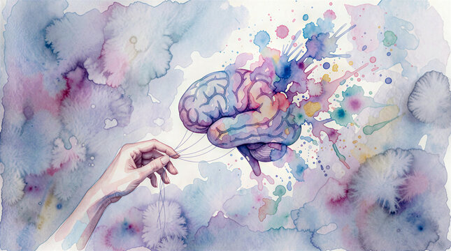 Watercolor illustration of human brain connected to hand for creativity