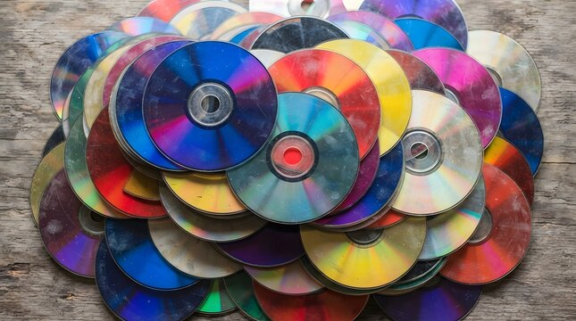 A large disorganized pile of vintage compact discs with iridescent reflective surfaces scattered on a textured wooden surface background