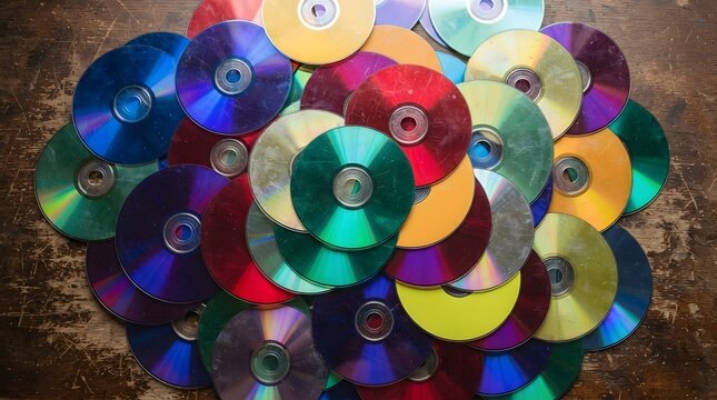 A colorful and reflective pile of vintage compact discs, haphazardly arranged on a rustic wooden background, representing the history of digital media and storage