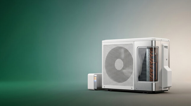 Modern residential heat pump unit with visible copper coils and fan