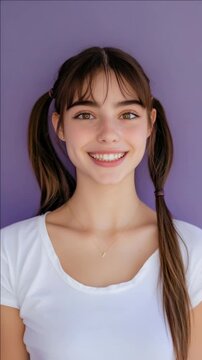 Smiling young woman with pigtails against a purple background