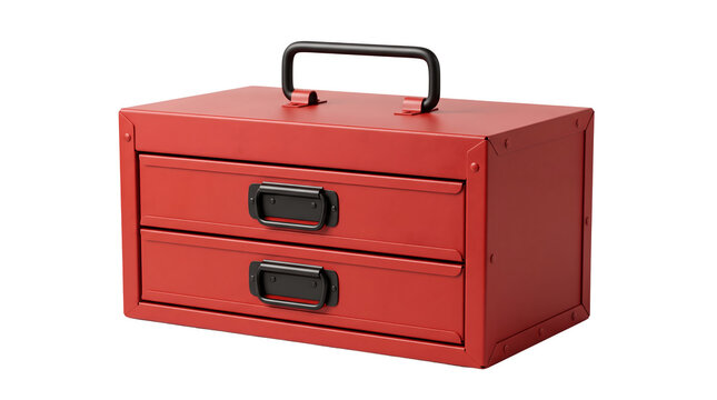 Red metal toolbox with two drawers and black handle. Industrial steel tool chest for hardware storage. Portable workshop organizer.