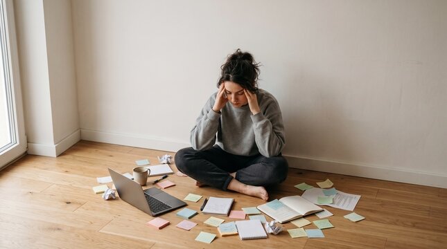 Young woman overwhelmed by work and studies sits on the floor with scattered notes and laptop, experiencing stress
