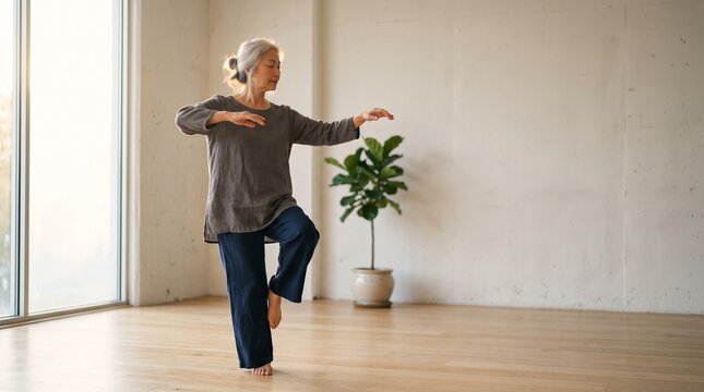 Elderly Asian woman practicing Tai Chi for stress relief and mindfulness on National Stress Awareness Day