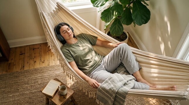 Woman relaxing in hammock with headphones and book, finding peace and quiet for National Stress Awareness Day