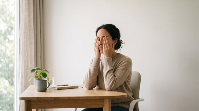 Woman rubbing eyes at desk feeling overwhelmed and stressed, representing National Stress Awareness Day