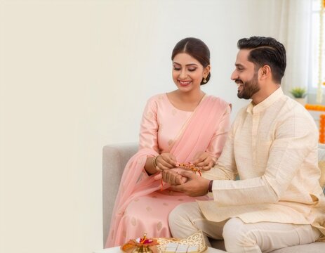 Happy Siblings Celebrating Raksha Bandhan: Indian Sister Tying Rakhi on Brother's Wrist at Home