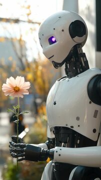 Humanoid Robot with Glowing Eye Holding a Pink Flower