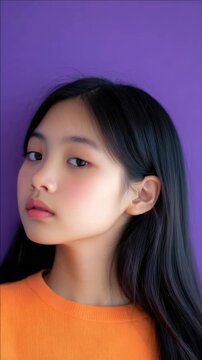 Portrait of a young woman with long black hair and orange sweater looking up against a purple background