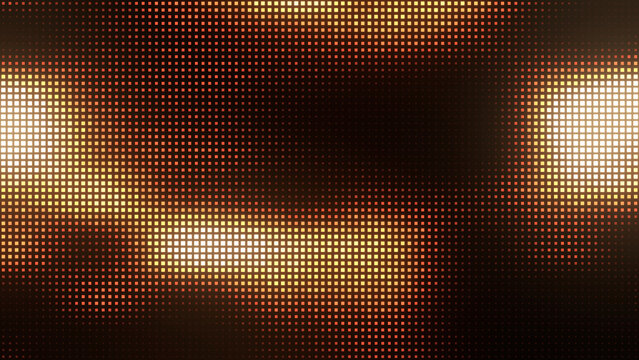 LED dot matrix light wall in deep red, coral and amber, glowing pixel display screen on dark background