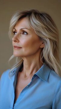 Portrait of a mature blonde woman in a blue shirt looking upward thoughtfully