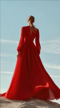 Woman in a Flowing Red Gown on a Coastal Cliff