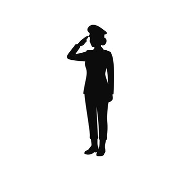 Silhouette of a female police officer in uniform performing a formal salute