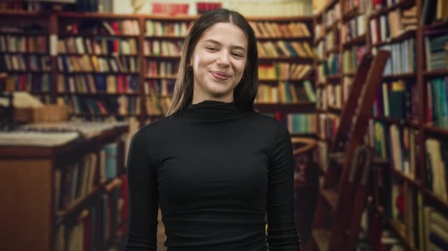 Woman face smiling with puckered lips and eyes closed in a library aisle among bookshelves; playful joy.