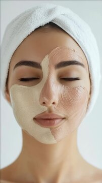 Woman with a Cream Facial Mask and Head Towel for Skin Treatment