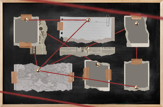 Detective investigation board with photo frame, newspaper, letter and map, pins connected with red thread