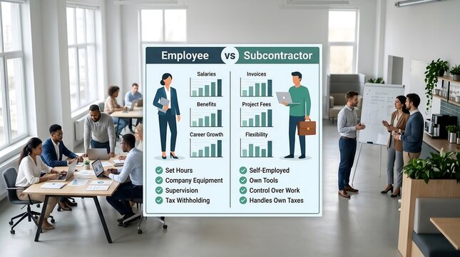 Employee versus subcontractor comparison infographic with modern office meeting background