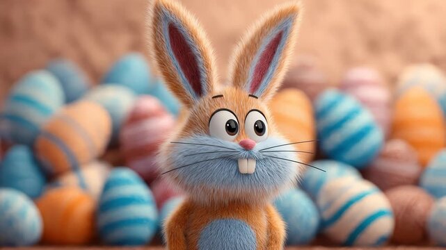 Animated rabbit cheerfully engaging with colorful easter eggs in vibrant animation sequence