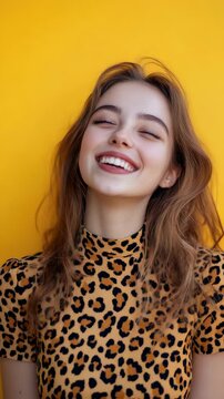 Joyful Young Girl Laughing in Leopard Print Top against Yellow Background