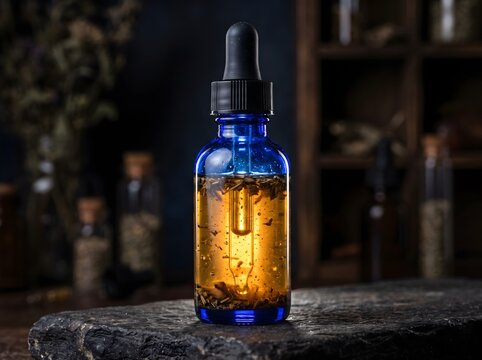 Essential Oil Tincture Inside a Blue Glass Dropper Bottle on a Rustic Slate Surface for Natural Skincare Herbal Cosmetic Branding Alternative Therapy Packaging and Wellness Product Mockup Use