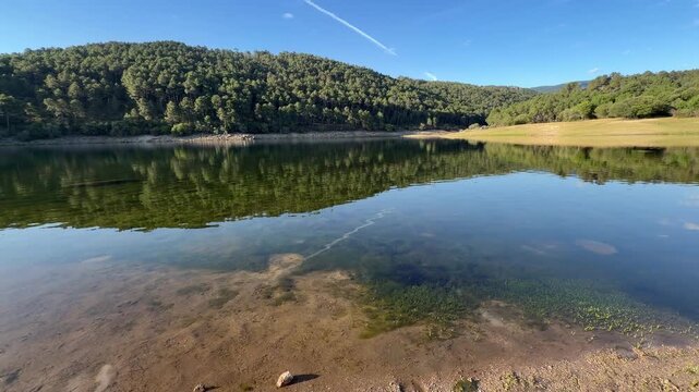 Serene lake reflecting lush green forest in sunlight