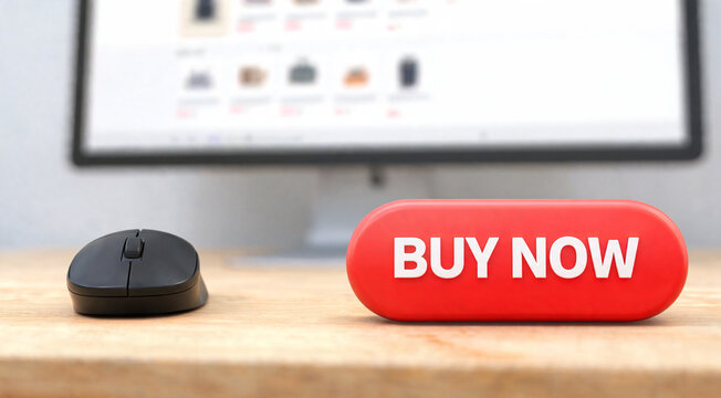 Computer mouse and red buy now button on desk e-commerce concept