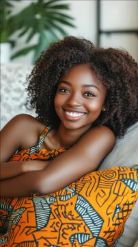 Smiling Young African-American Woman with Curly Hair in Orange Dress