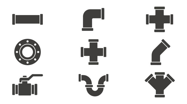 Plumbing pipe fittings and industrial valve icons.