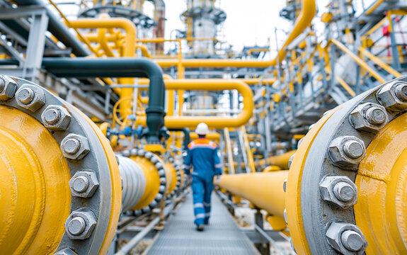 Industrial worker in blue overalls walking at refinery plant with yellow pipes