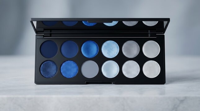 Eyeshadow palette with various shades of blue and grey colors for makeup application. eyeshadow color combinations