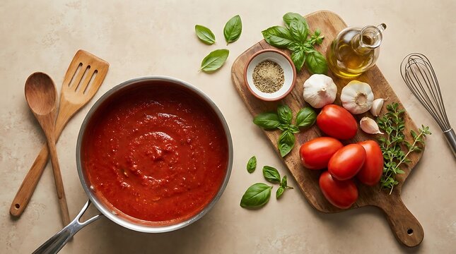 Pot of fresh tomato sauce cooking with basil garlic and olive oil on a wooden cutting board top view. marinara cooking tips