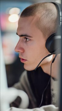 Focused young man with buzz cut wearing headphones looking at screen