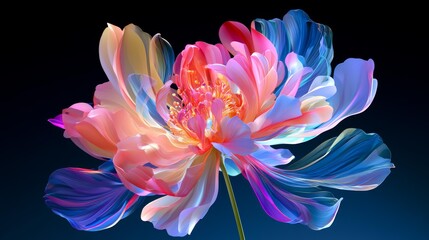 Fototapeta premium Luminous floral scene featuring vivid blooms, bright neon light, and an elegant surreal atmosphere.